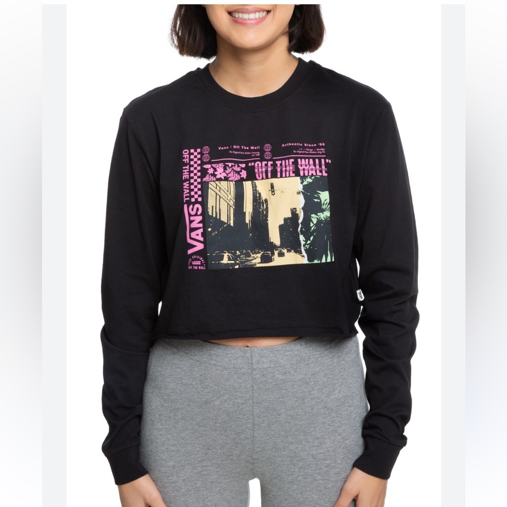 Vans Black and Pink Graphic Cropped Long Sleeve Tee